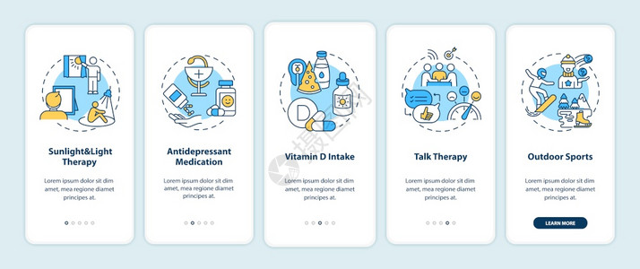 5d影院带概念的手机应用程序页面屏幕上的SAD处理日光和疗法维生素D摄取量通过5步图示指配有RGB彩色插图的UI矢量模板带概念的手机应用插画