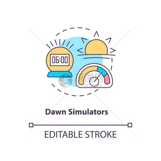 黎明模拟器概念图标用于缓解SAD概念的细线插图提示慢增加光亮强度睡眠和情绪改善矢量孤立的大纲RGB颜色绘图可编辑中风Dawn模拟图片