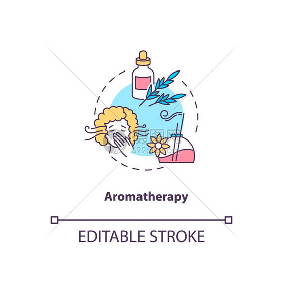 Aroma治疗概念图标用于减轻SAD想法的细线插图提示自然植物精选基本油类治疗养矢量孤立的大纲RGB颜色绘图可编辑的中风亚光疗法图片