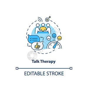 谈话治疗概念图标SAD治疗理念细线插图心理治疗和咨询认知行为疗法矢量孤立大纲RGB彩色绘图可编辑中风背景图片