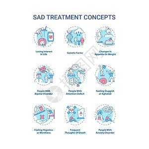 SAD治疗概念图标设置心理健康障碍观念的细线RGB颜色插图对生活失去兴趣感觉迟钝情绪激动矢量孤立的大纲图画可编辑的中风SAD治疗图片