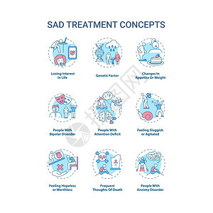 SAD治疗概念图标设置心理健康障碍观念的细线RGB颜色插图对生活失去兴趣感觉迟钝情绪激动矢量孤立的大纲图画可编辑的中风SAD治疗图片