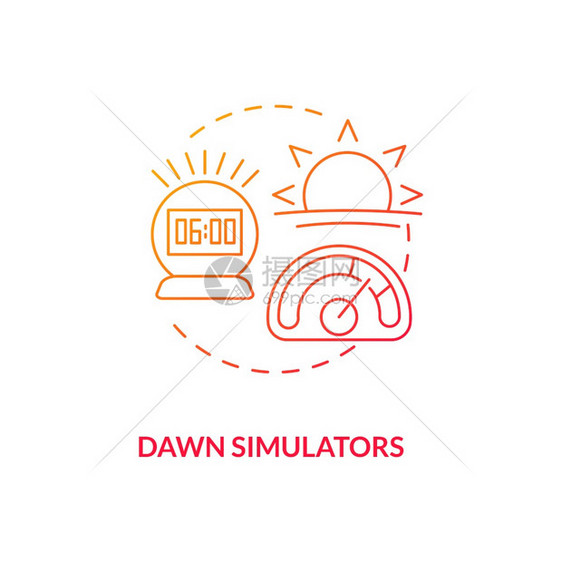 黎明模拟器概念图标用于减轻SAD想法的细线插图提示慢增加光强度减少抑郁症状矢量孤立的大纲RGB颜色绘图Dawn模拟器概念图标图片