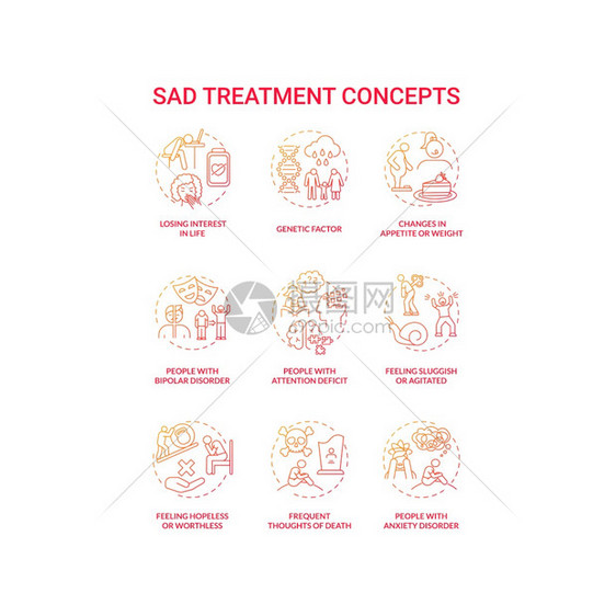 SAD治疗概念图标设置心理健康障碍观念的细线RGB颜色插图焦虑症常见念头情绪迟钝激动矢量孤立的大纲图纸SAD治疗概念图标集图片