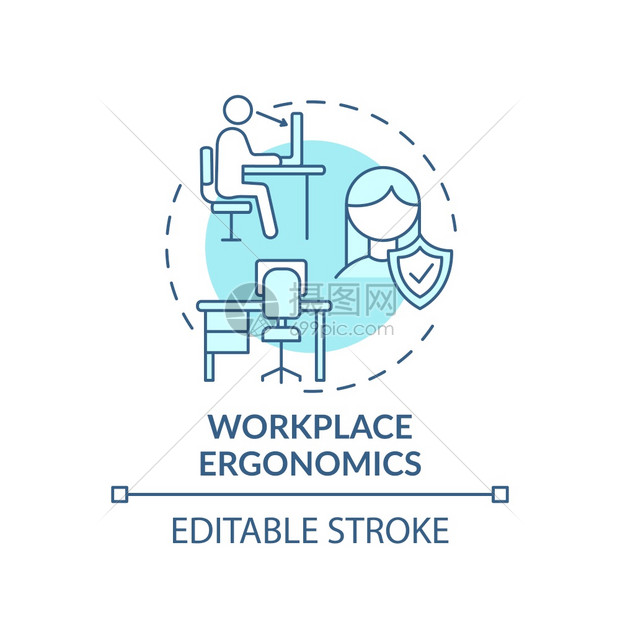 工作场所人文程学概念图标工作场所安全问题保持所有商业理念的能力细线插图矢量孤立的大纲RGB颜色绘图可编辑的中风工作场所的人类程学图片