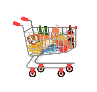 购物车全装杂货车水果和蔬菜面包肉装有饮料的塑瓶百货在超市或商场购买的百货或商场矢量卡通平单插图全装杂货水果和蔬菜在超市或商场购买图片