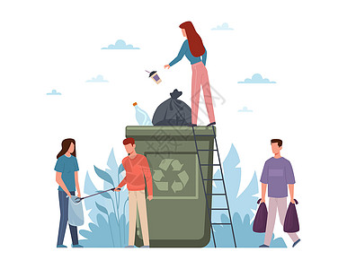 垃圾的分类拥有大型容器的小男女生态活动家在罐子里分离垃圾清洁的地球污染保护回收废物的概念污染保护回收废物的概念平板矢量卡通孤立插图片