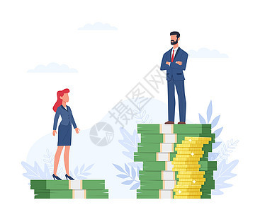 两差距男女站在不同高的美元钞票堆工资不平等公司内同机会公正的别主义和歧视女矢量固定概念两差距男女站在不同高的美元钞票堆别主义和女图片