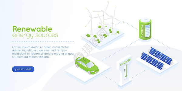 分布替代可再生能源电力太阳池板和风车发电节省环境生态概念矢量横向幅测量绿色能源着陆页分配替代可再生能源太阳电池板和风车节省环境概背景图片