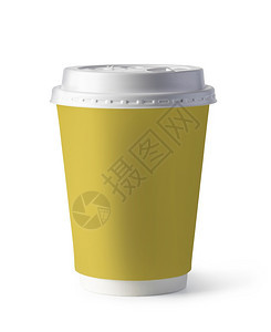 黄塑料咖啡杯白底隔离于图片