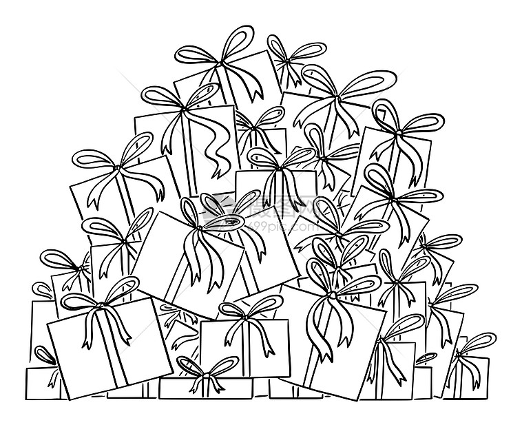 卡通矢量黑白插图或绘制大堆圣诞礼物或的图纸插画图片下载-正版图片