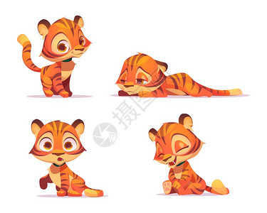 可爱的老虎卡通人物有趣的动幼崽和有kawaii口罩的动物幼崽表达着微笑惊讶和悲伤的情绪带橙色条纹皮肤的野猫矢量插图孤立的成套可爱图片