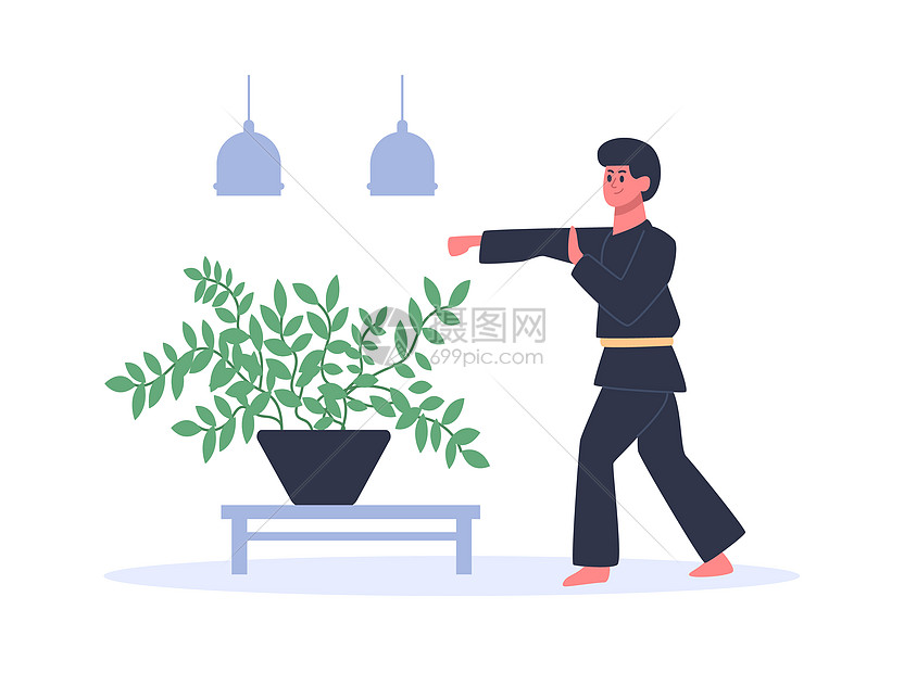 男子参加武术身穿黄色带的黑和服男子在家中或工作室接受培训锻炼活跃者参加运动有卡通矢量图的培训男子参加武术身着黄色带的黑和服男子 参插画图片下载 正版图片 摄图网