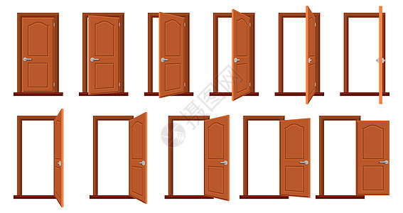 门动画打开和关闭的木门图画动屋入口不同位置的木门隔离矢量插图设置不同位的木门房屋外墙或间入口的孤立收藏门动画打开和关闭的木门隔离图片