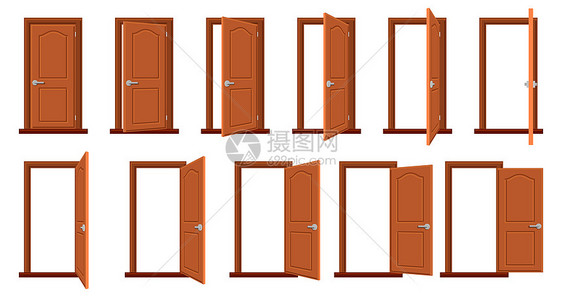 门动画打开和关闭的木门图画动屋入口不同位置的木门隔离矢量插图设置不同位的木门房屋外墙或间入口的孤立收藏门动画打开和关闭的木门隔离图片