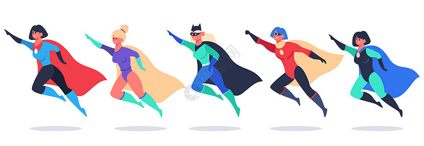 超级英雄女神奇人物超级英雄挥舞斗篷服装的超级女孩强大的超级英雄矢量插图戴着面具和斗篷的美丽英雄飞行图片