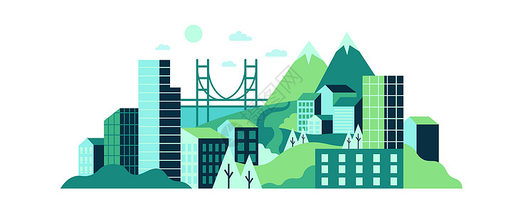 绿色山丘和的城市景观矢量插画图片