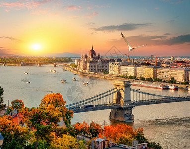 美丽日落时布达佩斯的日落地标图片