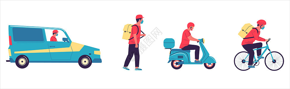 送货员驾驶汽车摩托和自行的汽司机摩托和自行的司机步或乘车在城市周围行驶的邮差男子从商店或咖啡厅发订单工人戴保护面罩病媒服务图片