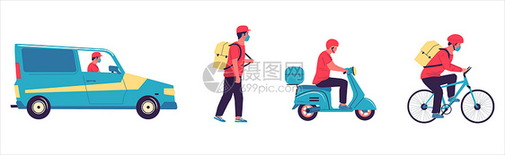 送货员驾驶汽车摩托和自行的汽司机摩托和自行的司机步或乘车在城市周围行驶的邮差男子从商店或咖啡厅发订单工人戴保护面罩病媒服务图片
