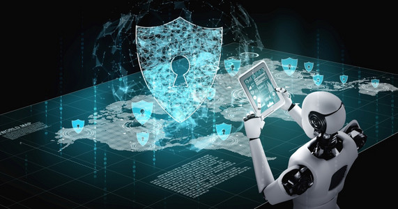 AI机器人利用网络安全来保护信息隐私未来通过人工智能和机器学习过程预防网络犯罪的概念图片