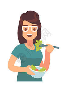 女孩吃新鲜的沙拉促矢量插图图片
