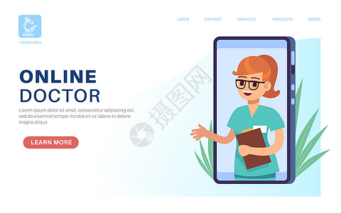 在线医生登陆网页互联咨询智能电话设备屏幕上的女治疗师平方卡通字符与医院专家病媒疗咨询网页模板的视频电话互联网咨询智能电话设备屏幕图片