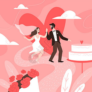 结婚仪式新郎和娘蛋糕丈夫和妻子在浪漫派对时间快乐的蜜月邀请和贺卡矢量摘要背景粉红颜色结婚夫妇概念仪式邀请和贺卡矢量摘要背景图片