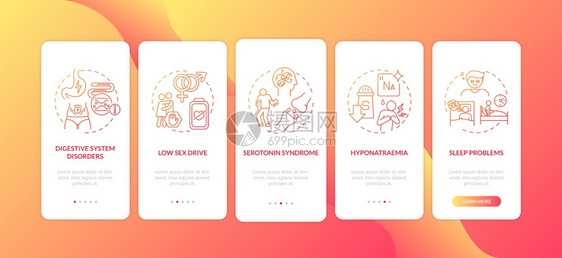 具有以下概念的移动应用程序页面屏幕上的抗抑郁药副作用塞罗通因综合征低纳雷米漫步5图形指示配有RGB彩色插图的UI矢量模板带有概念图片