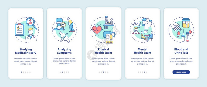 CFS在装有概念的移动应用程序页面屏幕上进行诊断分析医疗史和症状通过5步图形指示配有RGB彩色插图的UI矢量模板装有概念的移动应图片