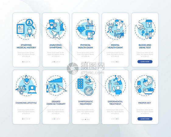 内装固定概念的移动应用程序页面屏幕上的慢疲劳综合症诊断ME处理行走5步的图形指示UI病媒模板配有RGB颜色插图内装固定疲劳综合症图片