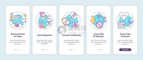 母乳喂养福利在带有概念的移动应用程序页面屏幕上登平衡食物给婴儿通过5步的图形指示配有RGB彩色插图的UI病媒模板带概念的移动应用图片