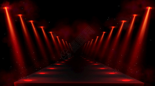 红色聚光灯照亮的podium空平台或舞有灯光束和地板上亮点黑暗大厅或走廊的矢量实际内部有投影器射线和烟雾红色聚光灯照亮的空讲台背景图片