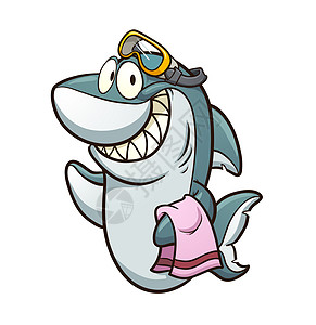 戴护目镜的人戴着护目镜并拿毛巾的卡通鲨鱼快乐插画