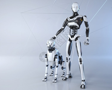 机器人和他的狗在浅灰色背景上摆姿势3D插图图片