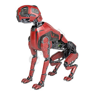 红色机器人狗坐着孤立在白色背景上3D插图孤立在白色背景上图片