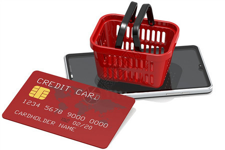智能电话篮子和信用卡在线购物概念图片