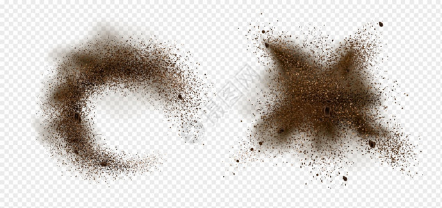 咖啡豆和粉的爆炸病媒真实地说明粉碎的烤土咖啡和阿拉伯谷物在透明背景下被孤立的棕色灰尘喷洒图片