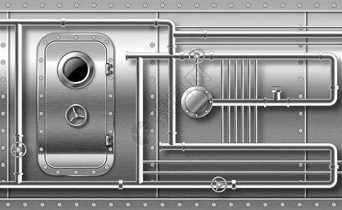 地堡装有管道阀门和振动器的金属门在墙上装有铁管阀门和振动器的金属门插画