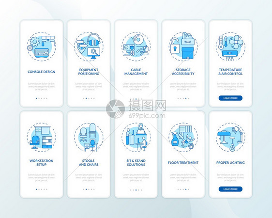 工作站设计通过5步图形指示UI矢量模板配有RGB彩色插图安全健康的工作场所配有概念设置的移动应用程序页面屏幕工人使用安全健康的工图片