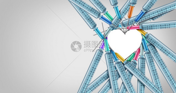 保健概念是一组次消毒注射器物品或医院针头用于接种疫苗或进行血液测试其形状是三维制的爱心帮助脏图片