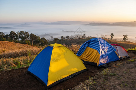 在山上扎营帐篷区在有雾的旅游帐篷中扎营户外旅行冬季风景美丽日出图片
