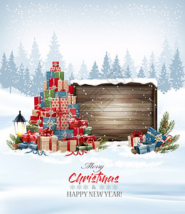 圣诞假日和新年背景圣诞树由多彩的礼物和木牌制成图片
