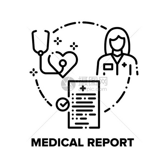 医学报告矢量指标概念医生学报告附有病人数据和保健信息撰写经检查的病人诊断和药物处方黑说明医学报告矢量概念黑说明图片