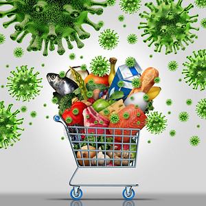 污染食品和杂货或科罗纳使健康安全成为超市购物车配有奶蛋干酪肉食蔬菜和水果配有3D插图图片