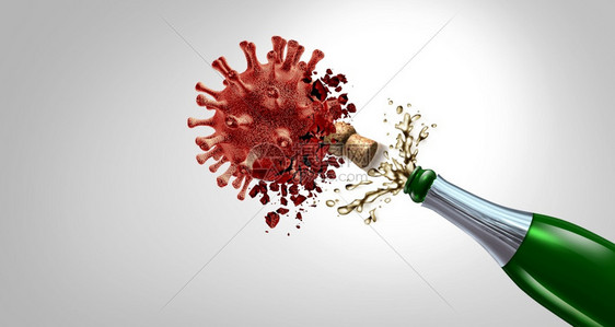 新年治疗和健康的新年节日庆典或医疗作为闪亮的酒瓶喷洒和飞翔的瓶子摧毁一个细胞以庆祝健康的3D未来图片