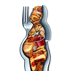 肥胖过量和吃太多快的食品和体重增加或肥胖概念作为叉子和刀形的形成一个超重的人患有食物失调症并像3D一样过着不健康胖的生活方式图片