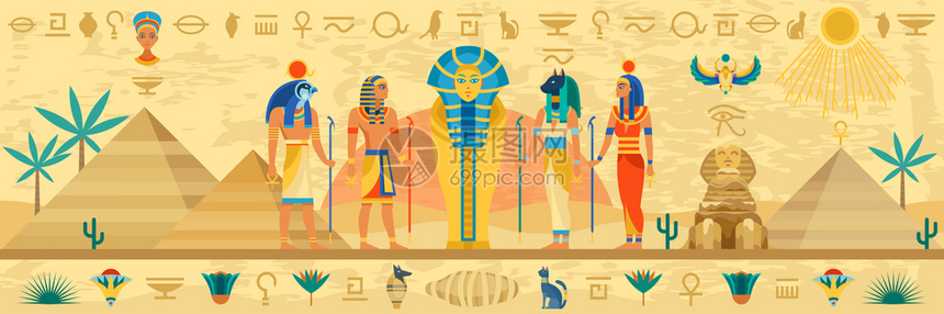 古埃及神话故事线象形文字框架宗教建筑和带有装饰品的神像雕法老石棺神和金字塔矢量平板横向海报神和金字塔矢量横向海报图片