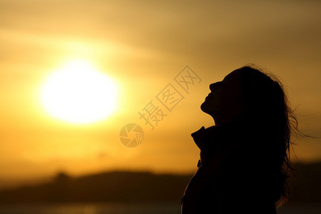 旁观海边日落时女人的侧面背光亮双影照了沙滩上呼吸新鲜空气的光影图片