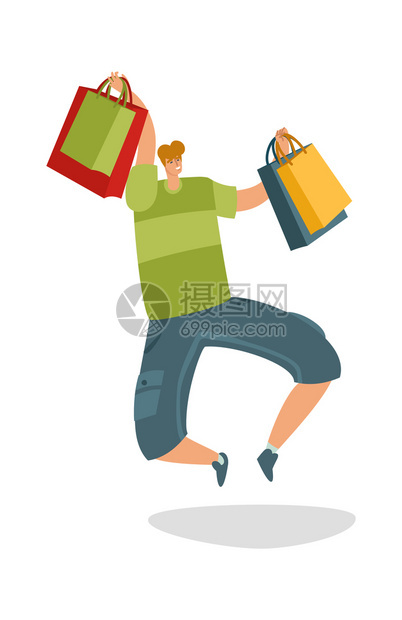 购物袋的跳跃客户中装包的男手工艺品销售或贴现广告的年轻时装买家购礼品平板矢量孤立漫画插图带购物袋的跳跃客户销售或贴现广告的时装买图片